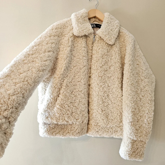 Zara Teddy Sherpa Boho Cropped Bomber Contemporary Jacket Cream Size Medium. - Picture 5 of 16